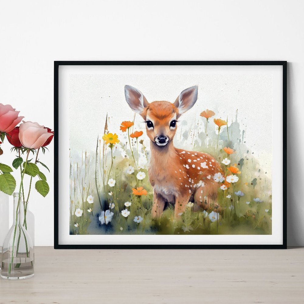 Cute Baby Fawn Deer with Flowers Watercolor Oil‎ Painting Print